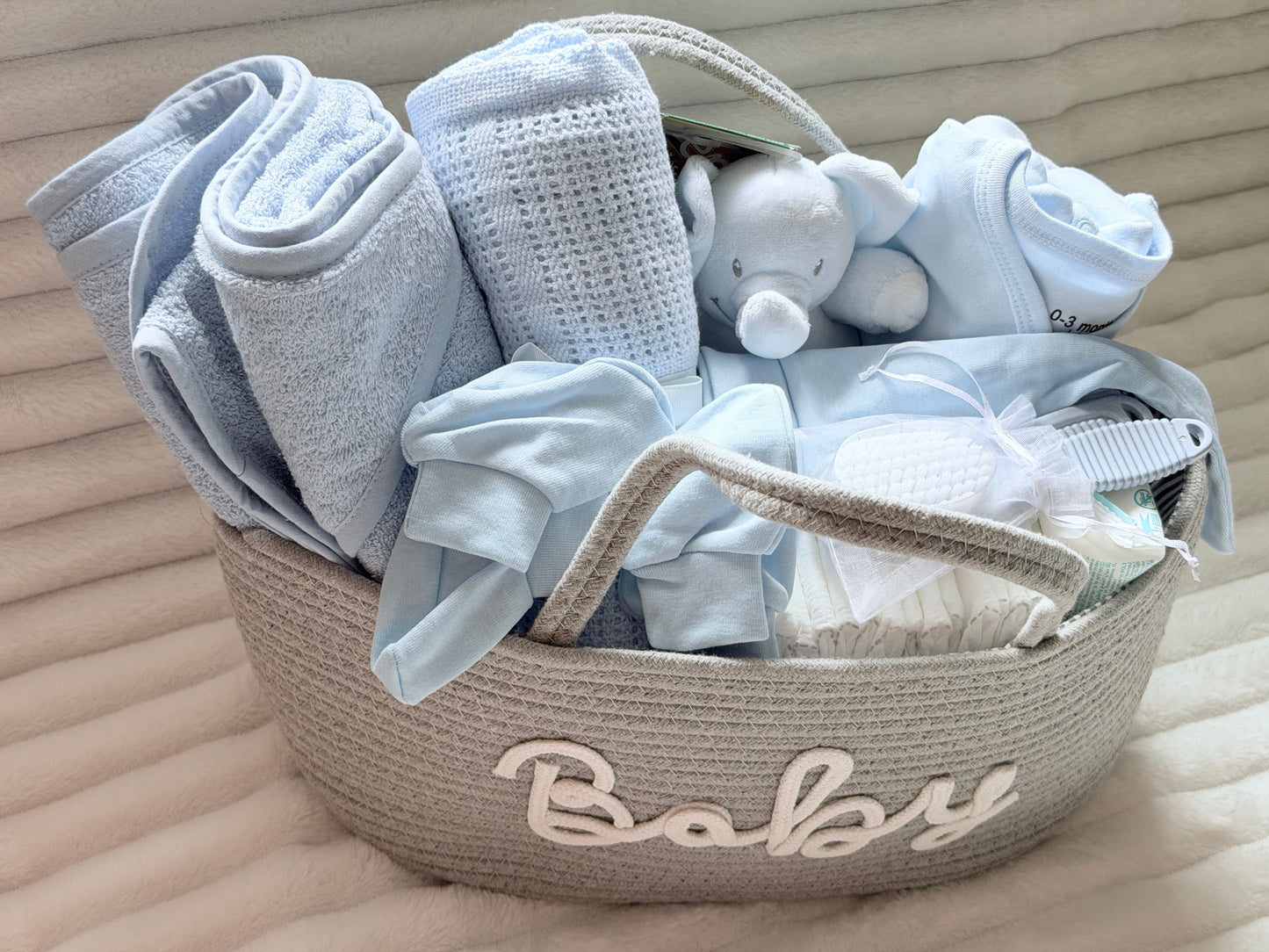 Baby Boy Nappy Caddy Gift Set – Newborn Essentials Hamper with Blanket, Clothing & Nappies